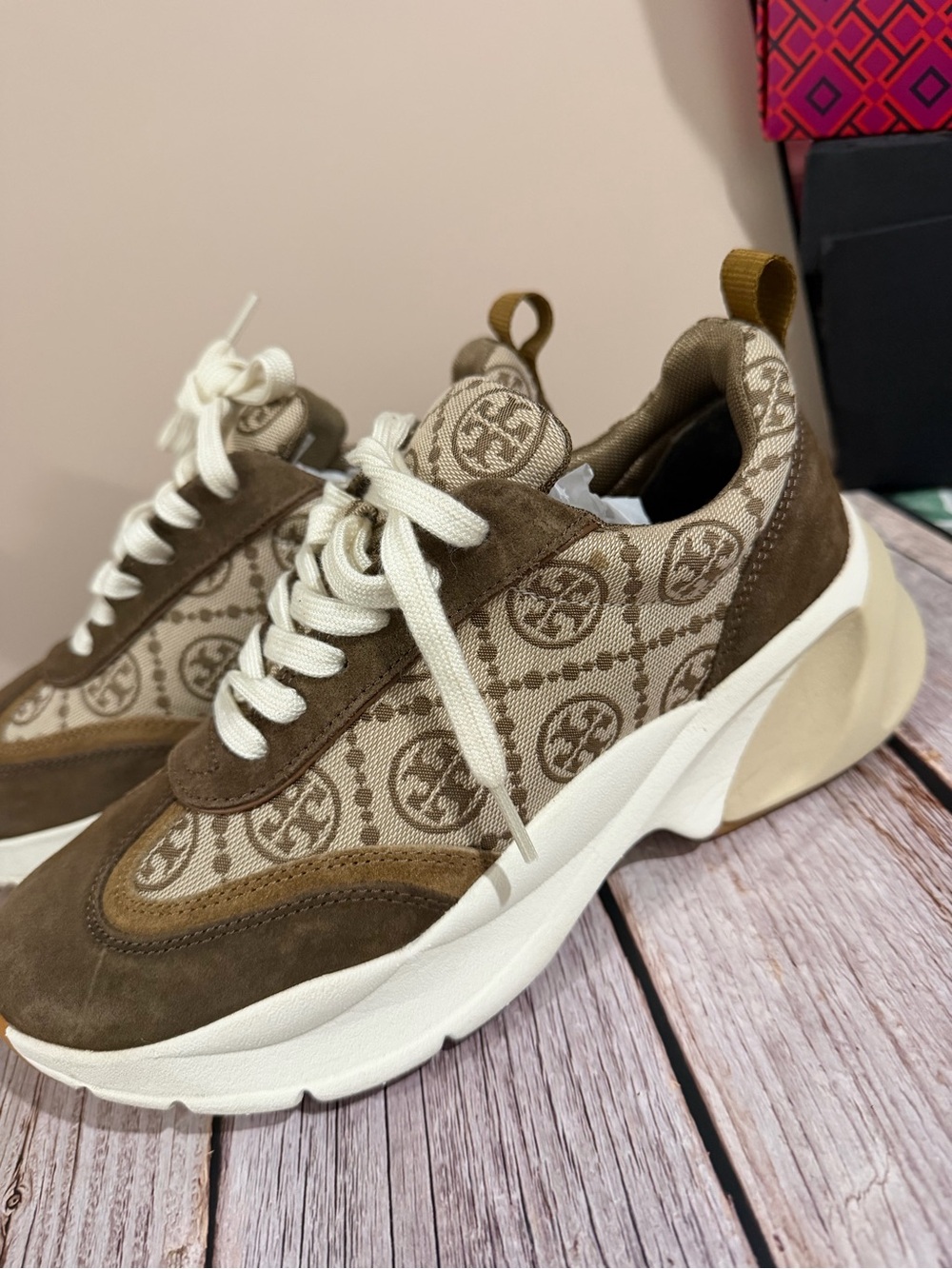 Tory Burch Brown Suede and Cream Logo Canvas Sneakers - Picture 3 of 5
